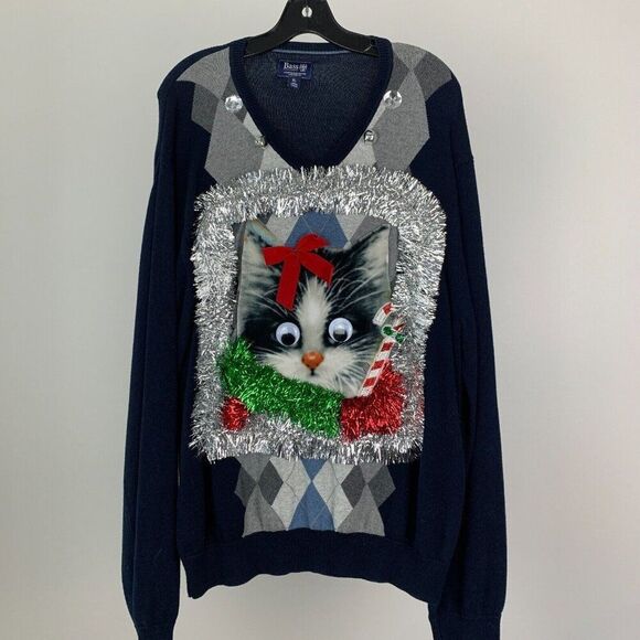 Ugly Christmas Sweater Men's sz XL Cat with Googly Eyes Hand Crafted Funny - Picture 1 of 7